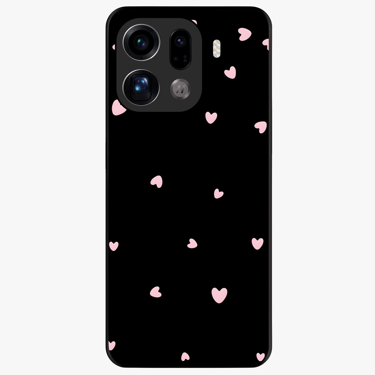 Pink Love Drops Glass Case showing flat back view with playful pink heart drops artwork and glossy glass finish.