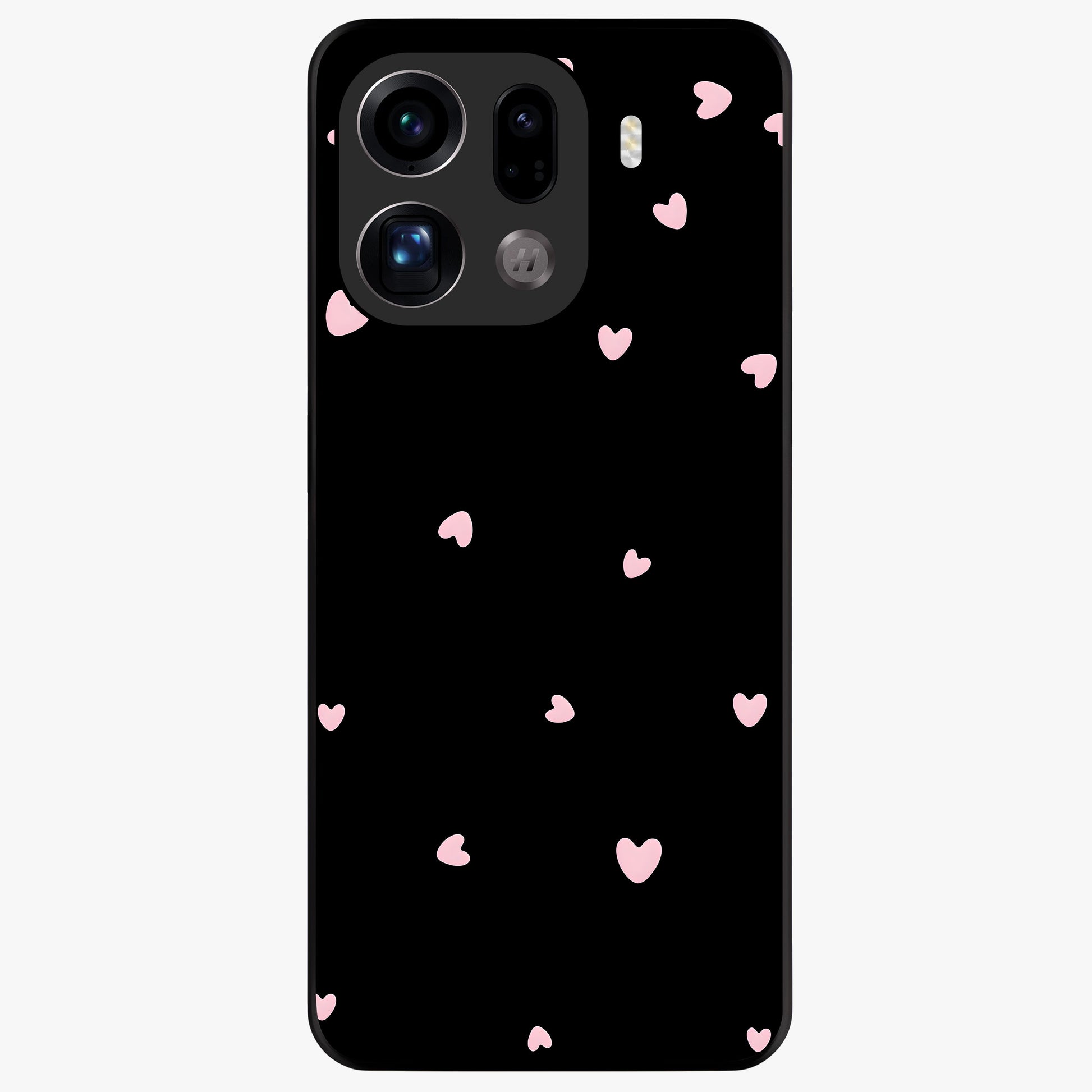 Pink Love Drops Glass Case showing flat back view with playful pink heart drops artwork and glossy glass finish.