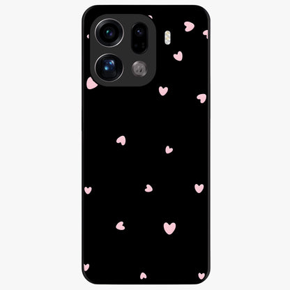 Pink Love Drops Glass Case showing flat back view with playful pink heart drops artwork and glossy glass finish.
