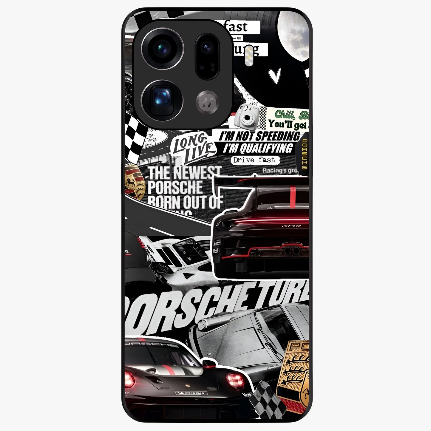 Porsche Racing Collage Glass Case showing flat back view with sports car racing collage artwork and glossy glass finish.