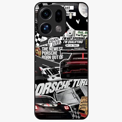 Porsche Racing Collage Glass Case showing flat back view with sports car racing collage artwork and glossy glass finish.