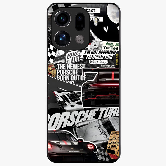Porsche Racing Collage Glass Case showing flat back view with sports car racing collage artwork and glossy glass finish.