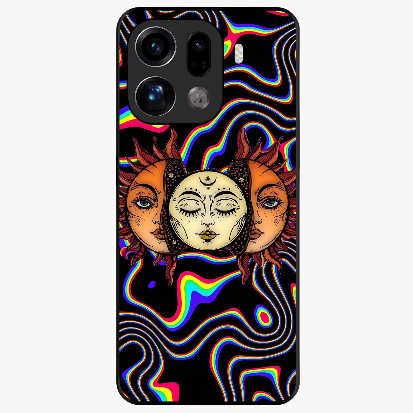 Psychedelic Sun Glass Case showing flat back view with colorful psychedelic sun artwork and glossy glass finish.