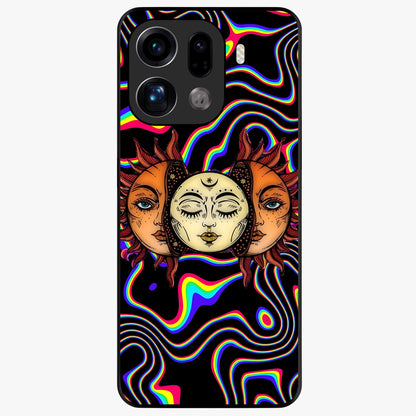 Psychedelic Sun Glass Case showing flat back view with colorful psychedelic sun artwork and glossy glass finish.