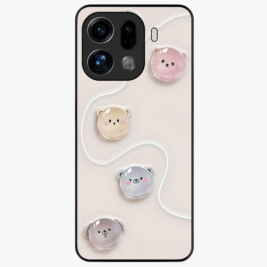 Puffy Face Parade Glass Case showing flat back view with cute puffy character faces artwork and glossy glass finish.