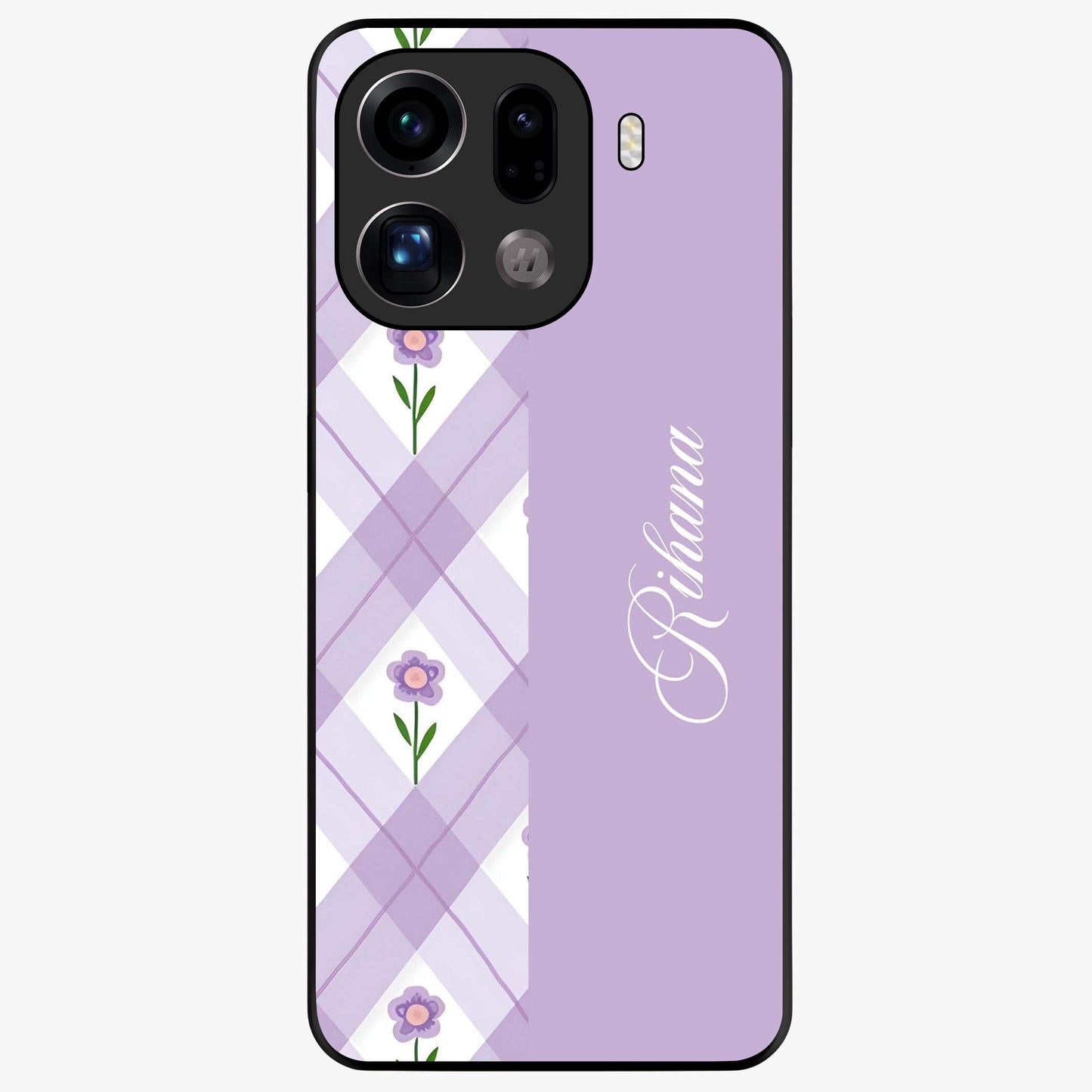 Purple Diamond Floral Glass Case showing flat back view with diamond shaped floral artwork and glossy glass finish.
