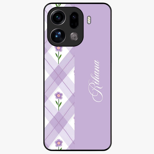 Purple Diamond Floral Glass Case showing flat back view with diamond shaped floral artwork and glossy glass finish.