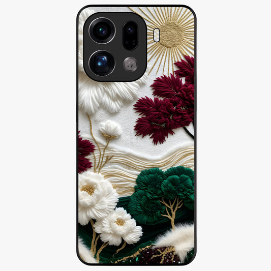 Radiant Bloom Elegance Glass Case showing flat back view with elegant blooming flower artwork and glossy glass finish.