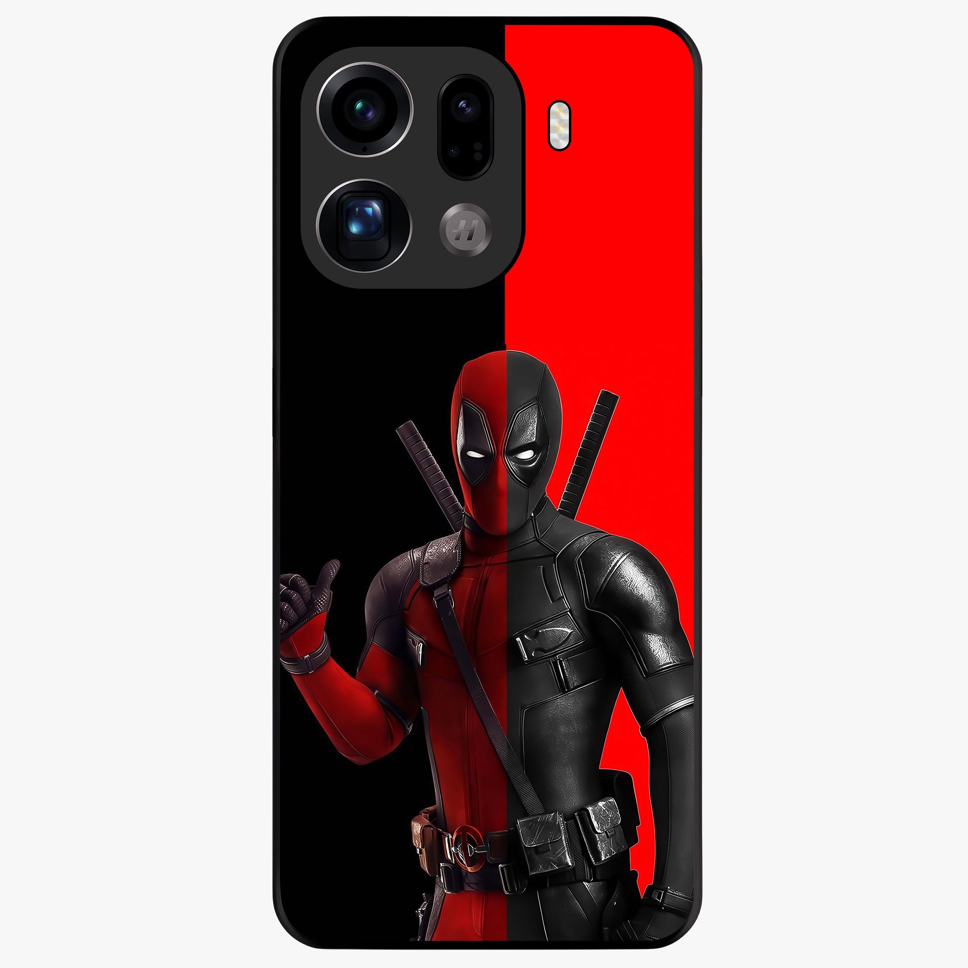 Red & Black Deadpool Theme Glass Case showing flat back view with bold comic inspired artwork and glossy glass finish.