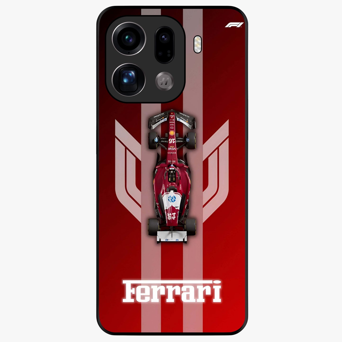 Red Ferrari F1 Vertical Glass Case showing flat back view with sleek Formula racing car artwork and glossy glass finish.