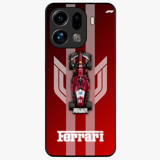 Red Ferrari F1 Vertical Glass Case showing flat back view with sleek Formula racing car artwork and glossy glass finish.