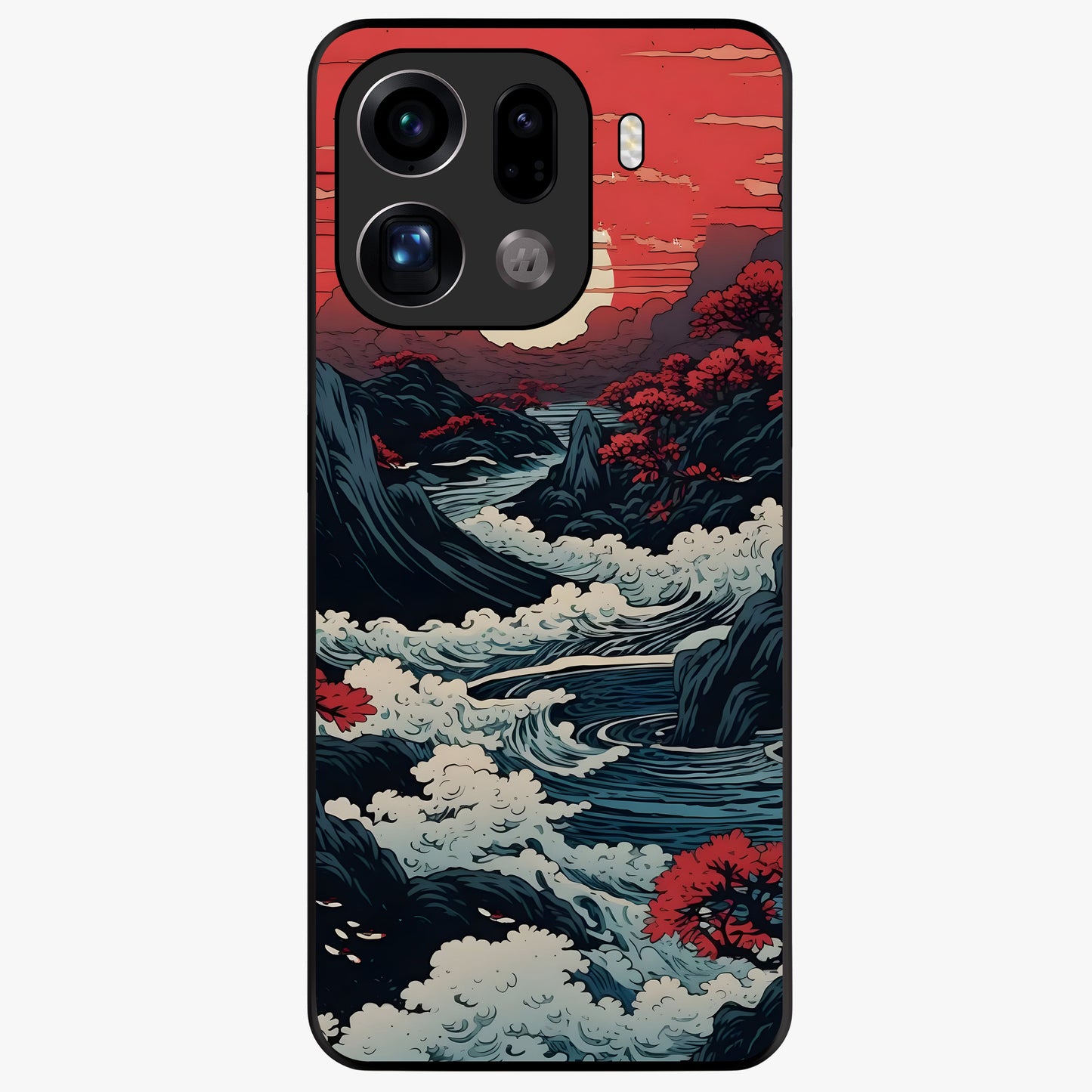 Red Sunset Scenery Glass Case showing flat back view with vibrant sunset landscape artwork and glossy glass finish.