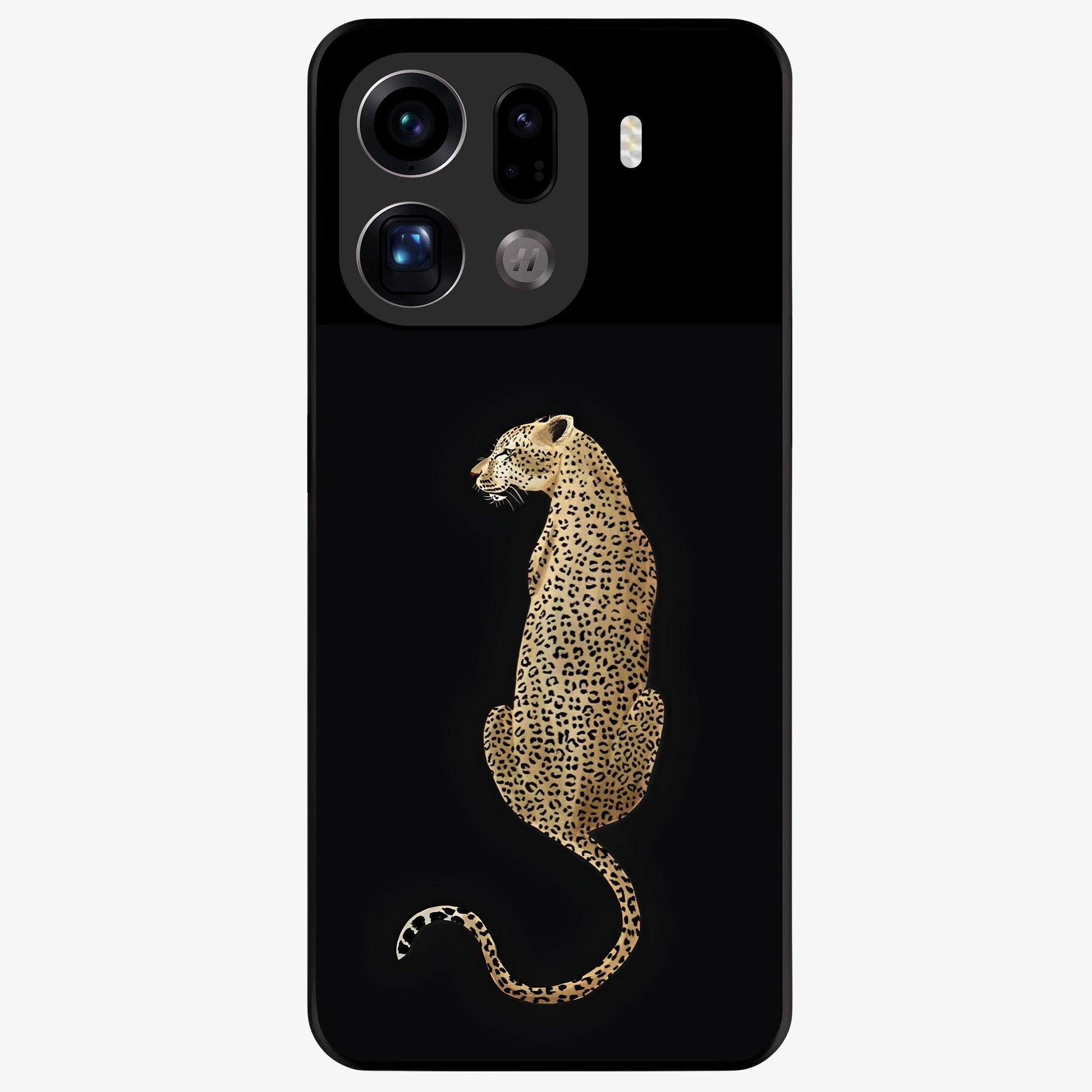 Regal Leopard Glass Case showing flat back view with bold leopard artwork and glossy glass finish.