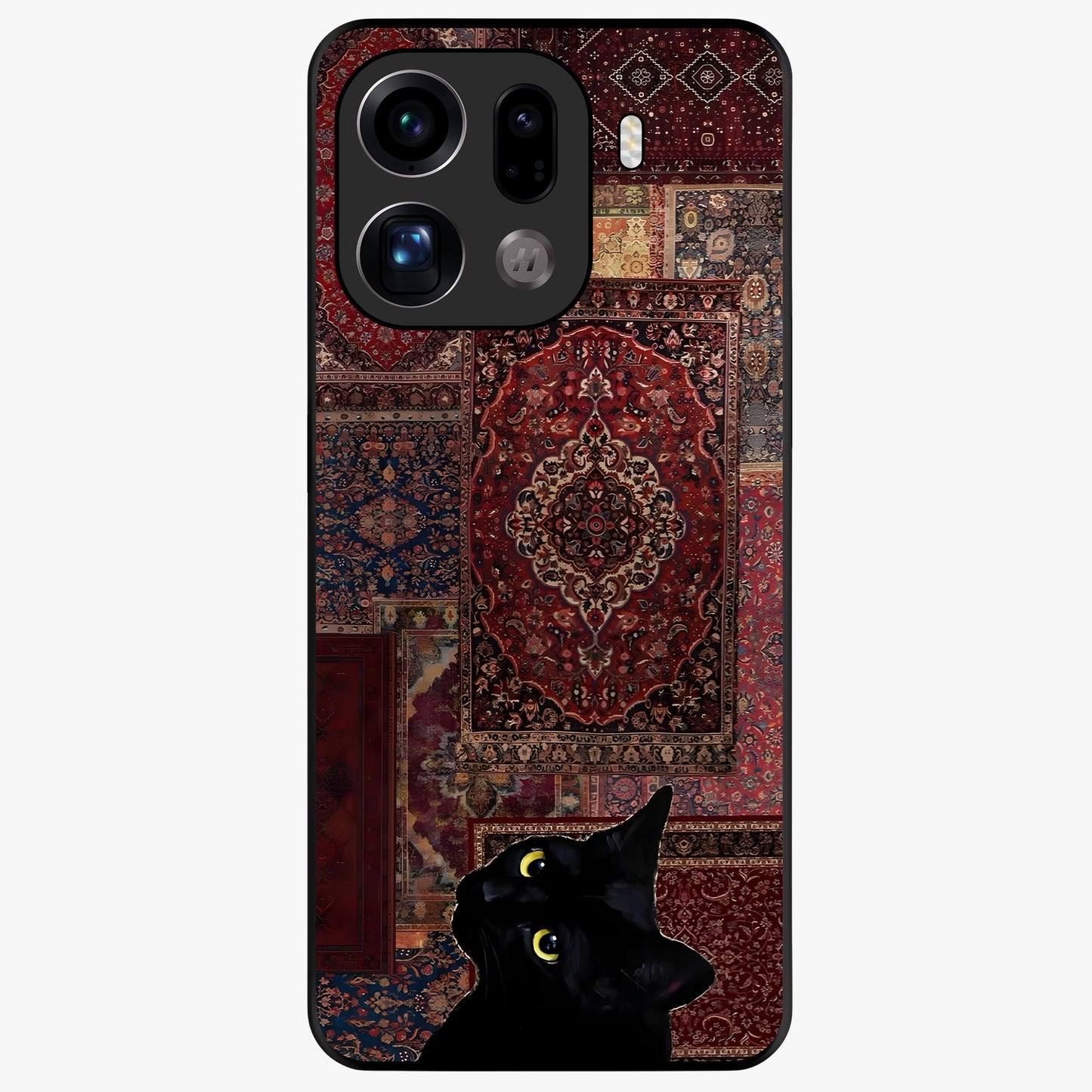 Regal Magic Cat Apple Glass Case showing flat back view with magical cat artwork holding apple and glossy glass finish.