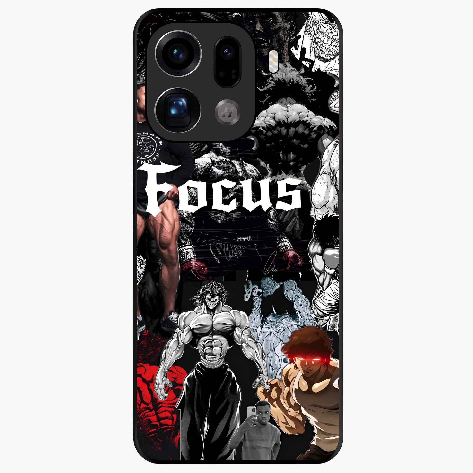 Relentless Power Focus Glass Case showing flat back view with motivational typography artwork and glossy glass finish.