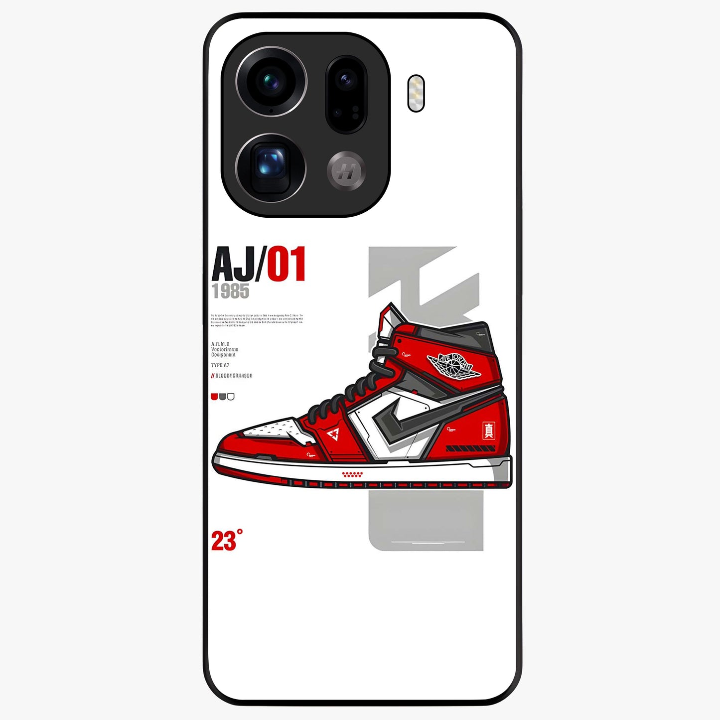 Retro Sneaker Blueprint Glass Case showing flat back view with sneaker blueprint style artwork and glossy glass finish.
