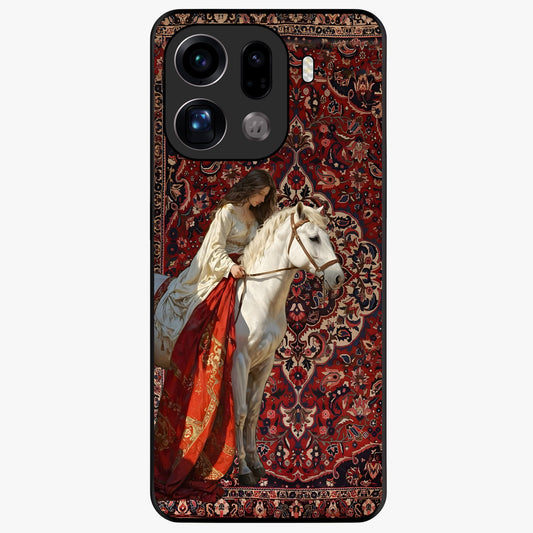 Royal Rider Tapestry Glass Case showing flat back view with majestic horse rider tapestry artwork and glossy glass finish.