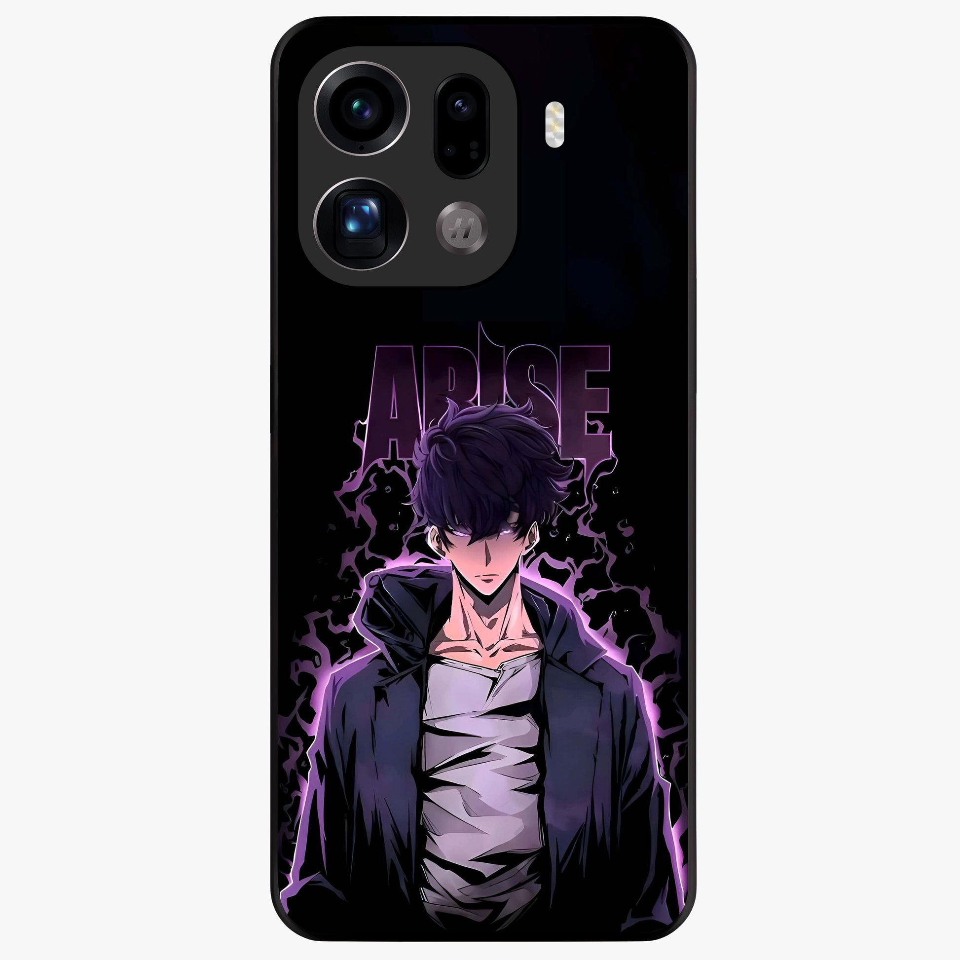 Shadow Monarch Awakening Glass Case showing flat back view with powerful dark monarch themed artwork and glossy glass finish.