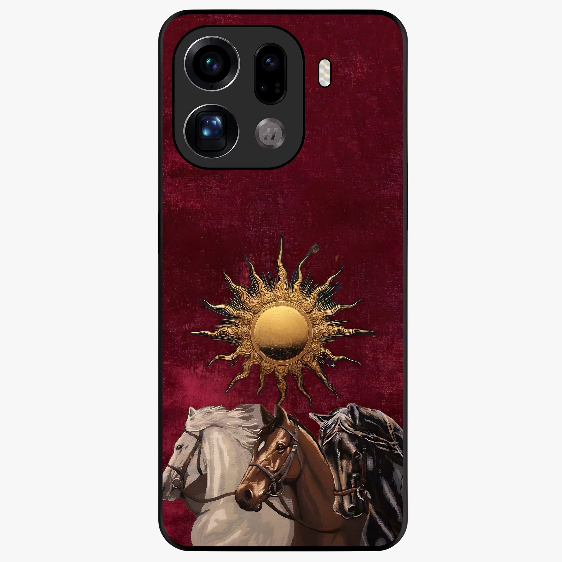 Solar Riders Glass Case showing flat back view with dynamic rider themed artwork and glossy glass finish.