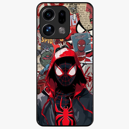 Spider Collage Street Glass Case showing flat back view with vibrant superhero collage artwork and glossy glass finish.