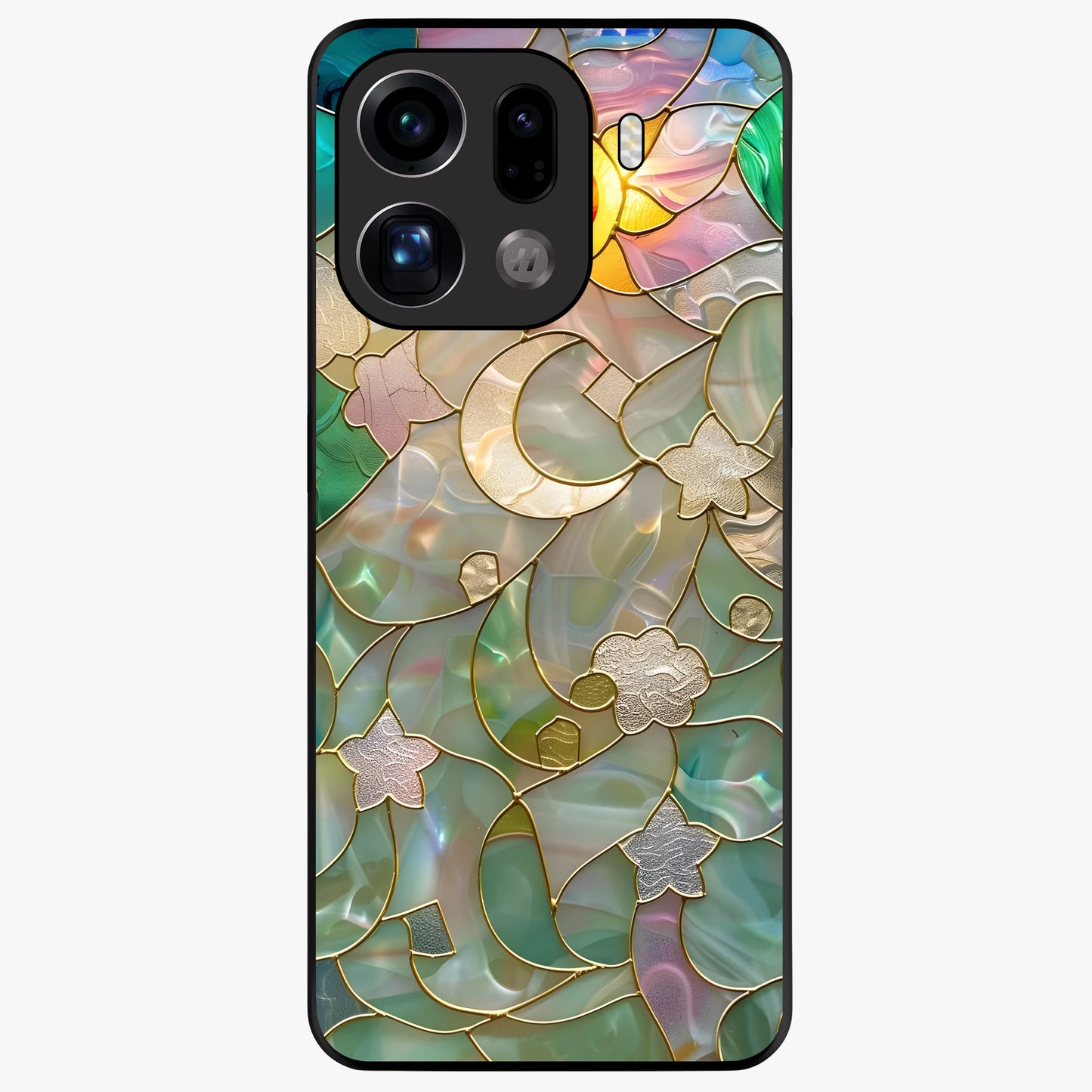 Stained Sunrise Glow Glass Case showing flat back view with glowing sunrise stained pattern artwork and glossy glass finish.