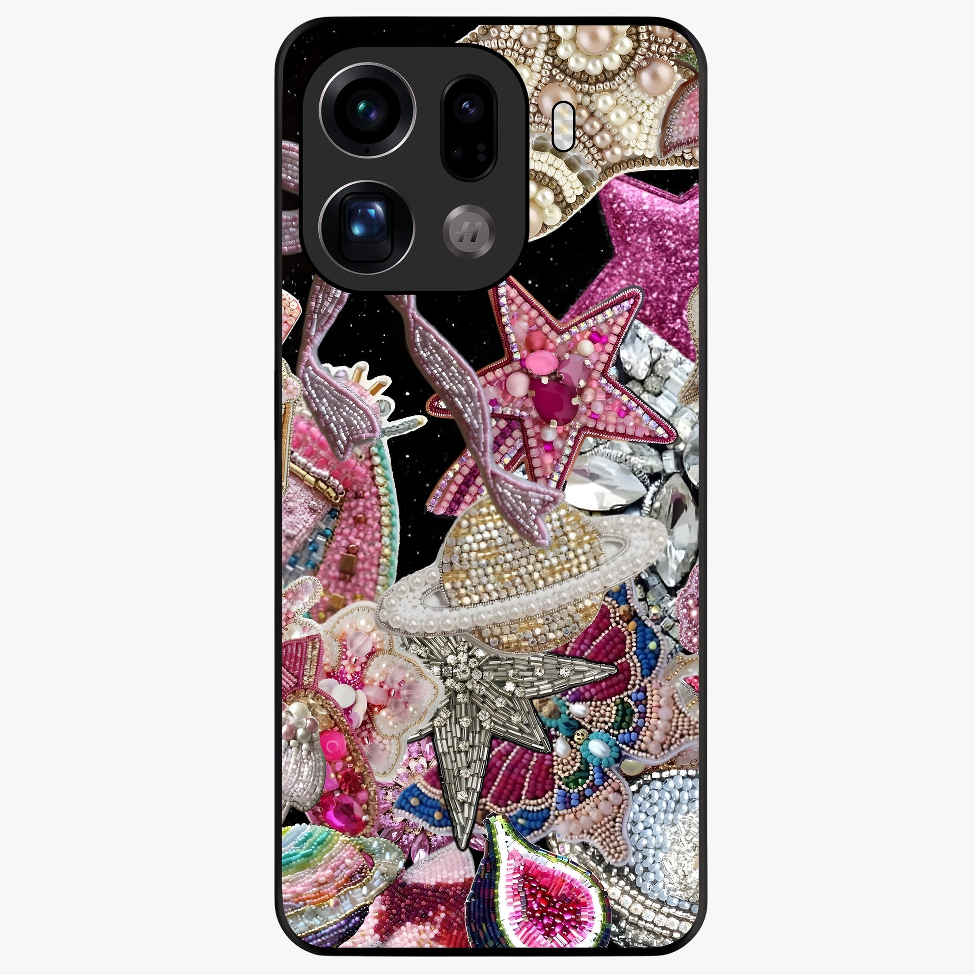 Starlit Jewel Dream Glass Case showing flat back view with sparkling jewel and star themed artwork and glossy glass finish.