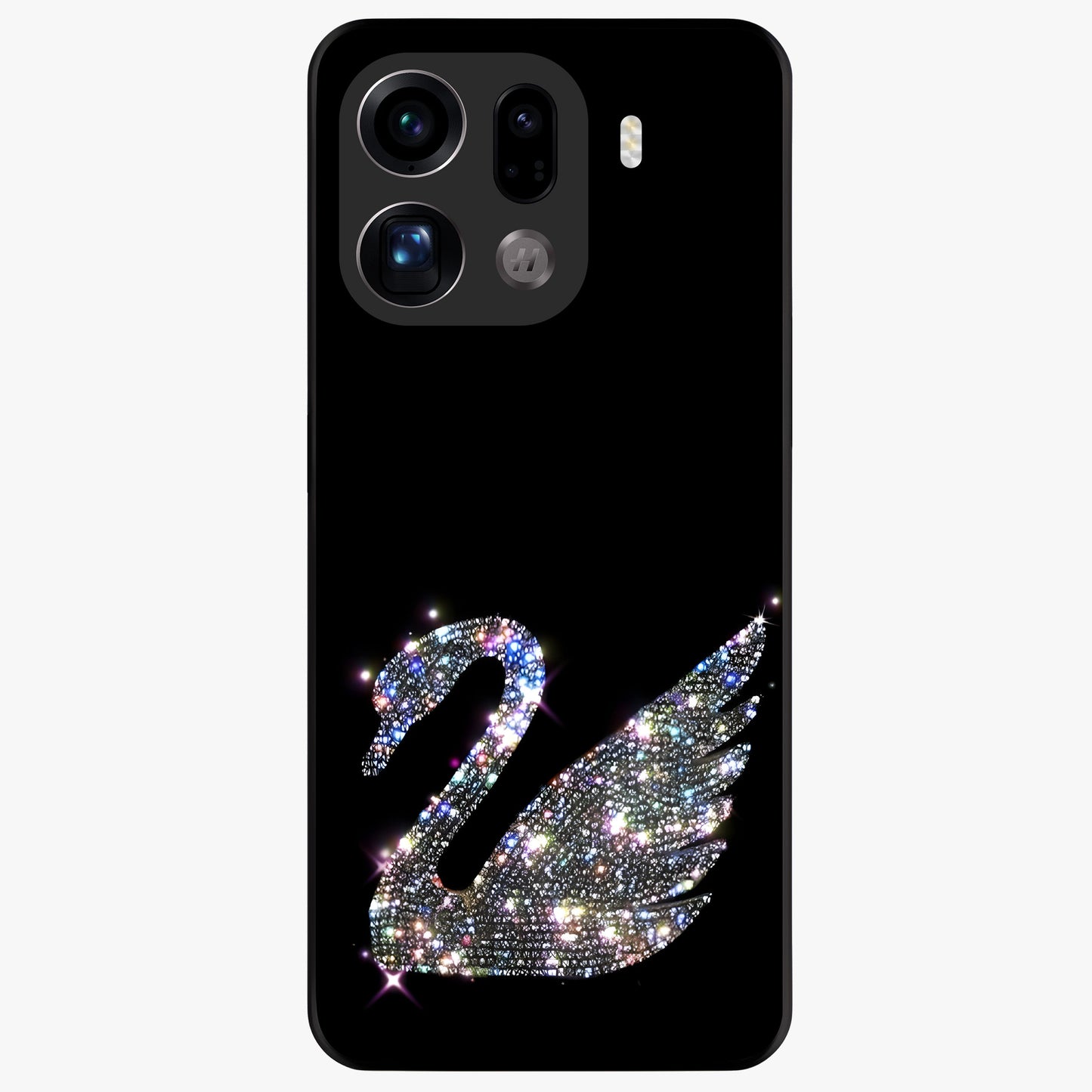 Starlit Swan Grace Glass Case showing flat back view with graceful swan artwork under starry sky and glossy glass finish.
