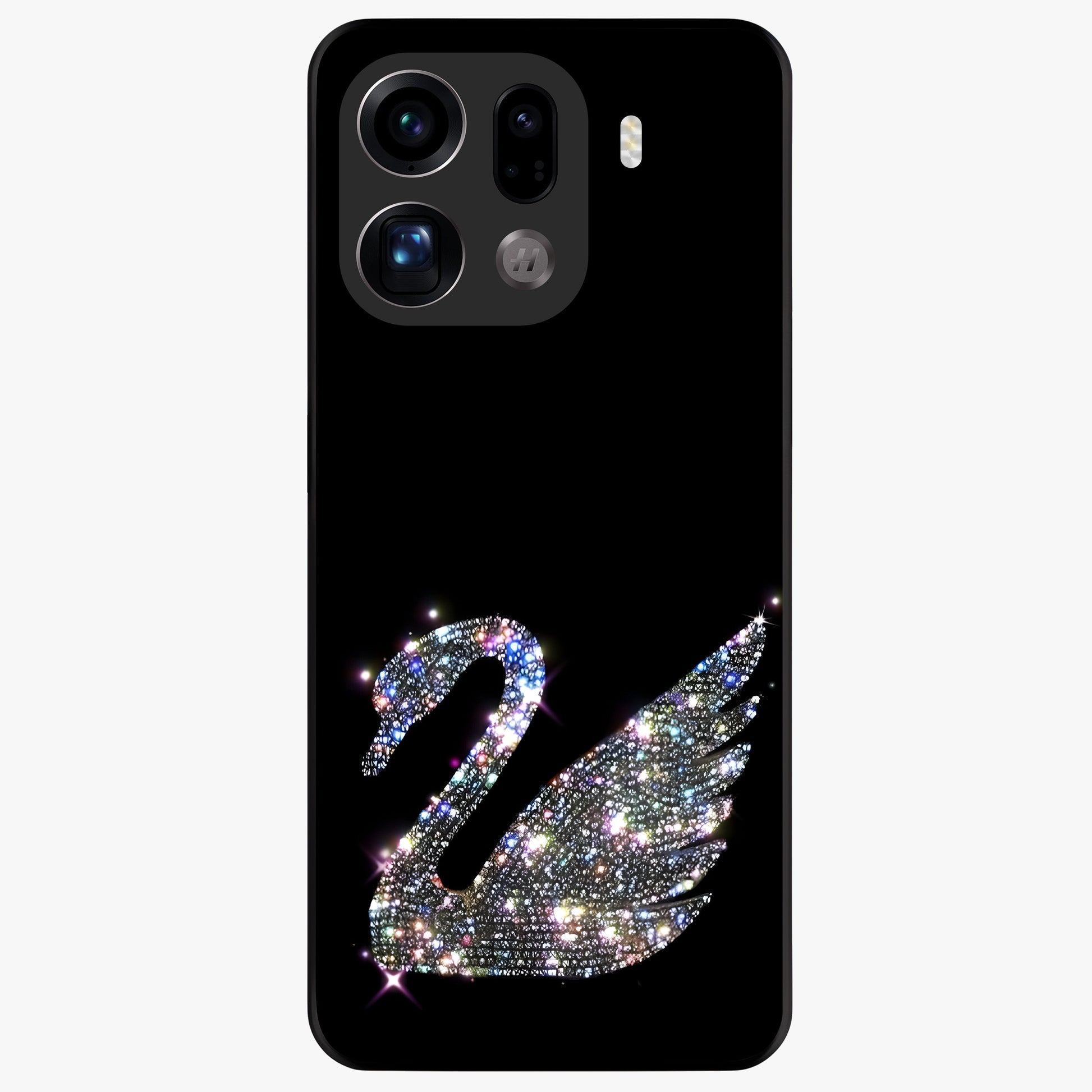 Starlit Swan Grace Glass Case showing flat back view with graceful swan artwork under starry sky and glossy glass finish.