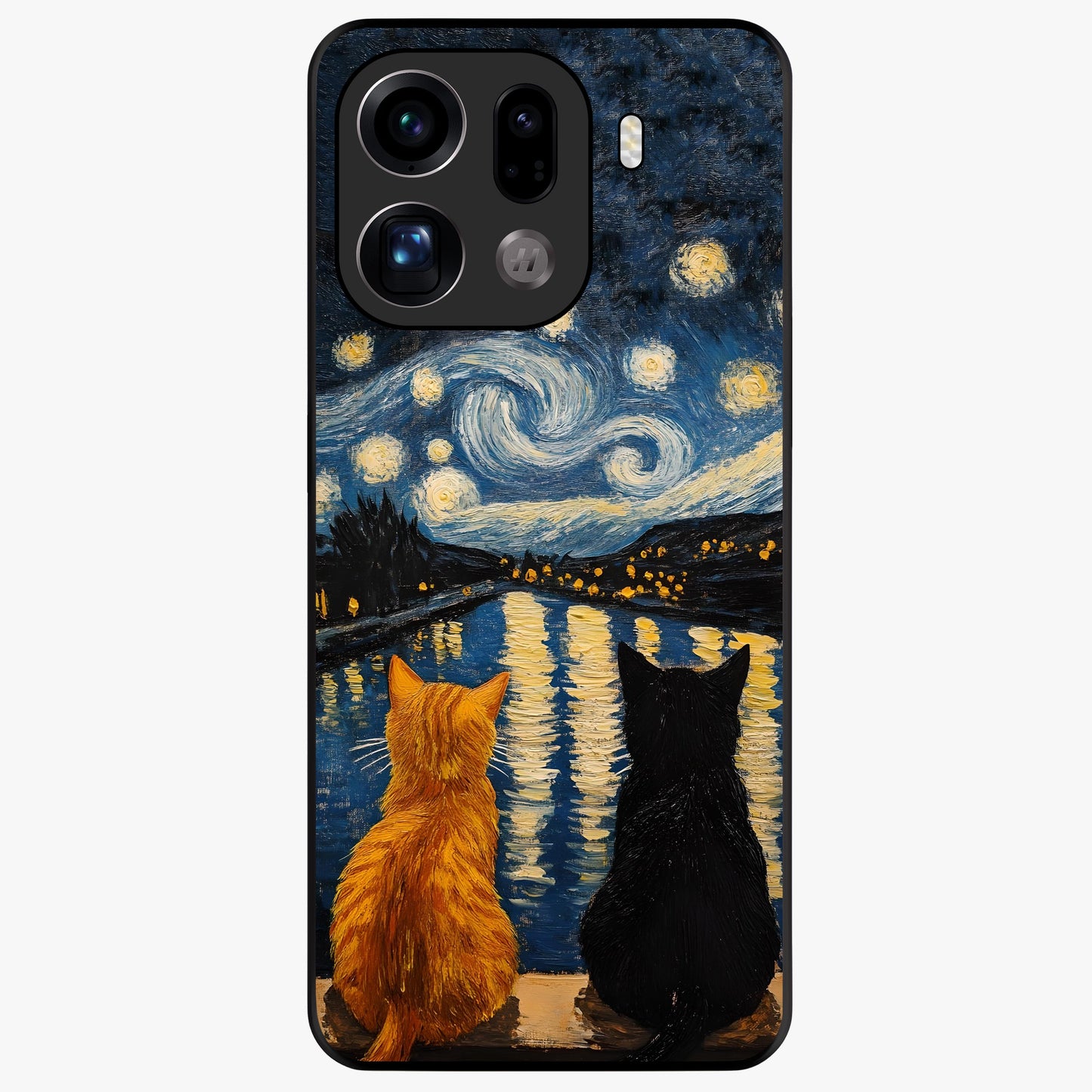 Starry River Cats Glass Case showing flat back view with cats by a starry river artwork and glossy glass finish.