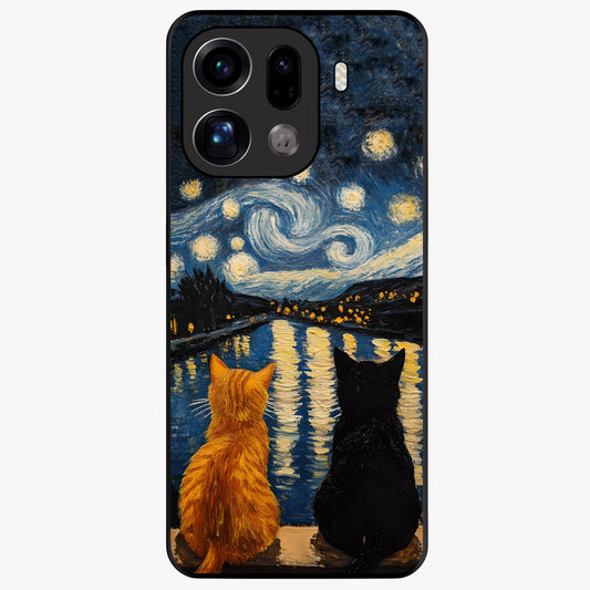 Starry River Cats Glass Case showing flat back view with cats by a starry river artwork and glossy glass finish.
