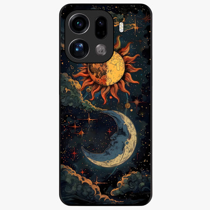 Sun And Moon Magic Design Glass Case showing flat back view with mystical sun and moon artwork and glossy glass finish.