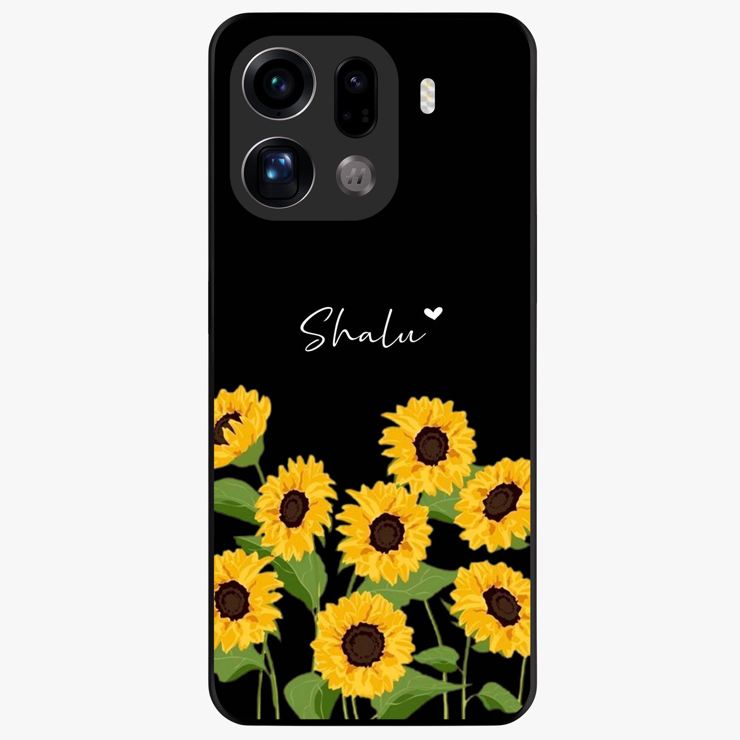 Sunflower Chic Mood Custom Name Glass Case showing flat back view with stylish sunflower artwork and personalized name design.