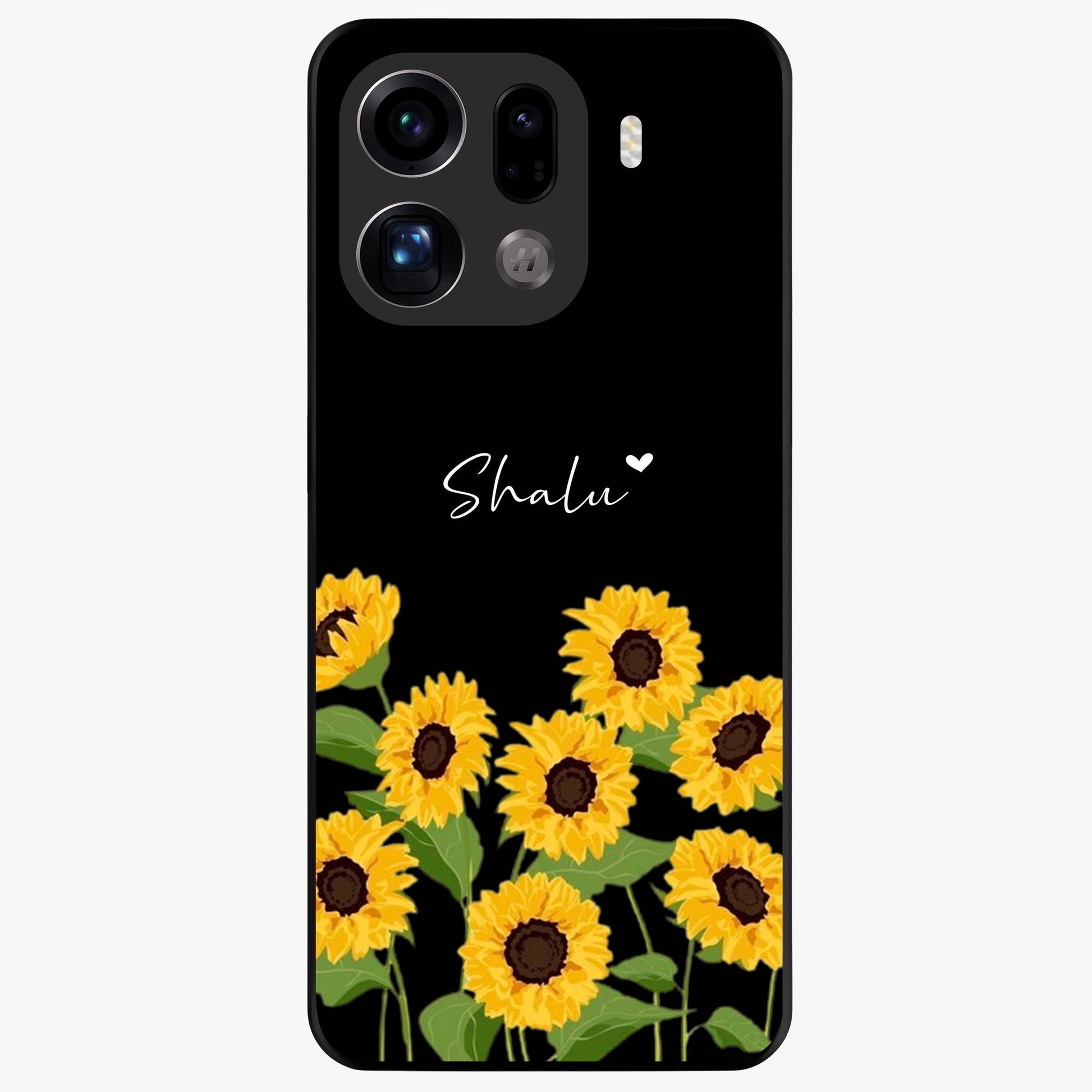 Sunflower Chic Mood Custom Name Glass Case showing flat back view with stylish sunflower artwork and personalized name design.