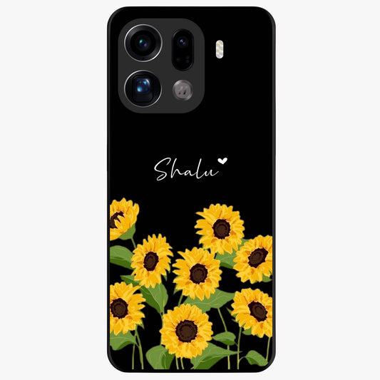 Sunflower Chic Mood Custom Name Glass Case showing flat back view with stylish sunflower artwork and personalized name design.