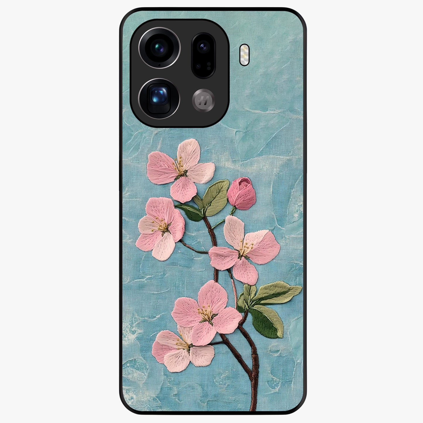 Threaded Blossom Breeze Glass Case showing flat back view with delicate blossom artwork and glossy glass finish.
