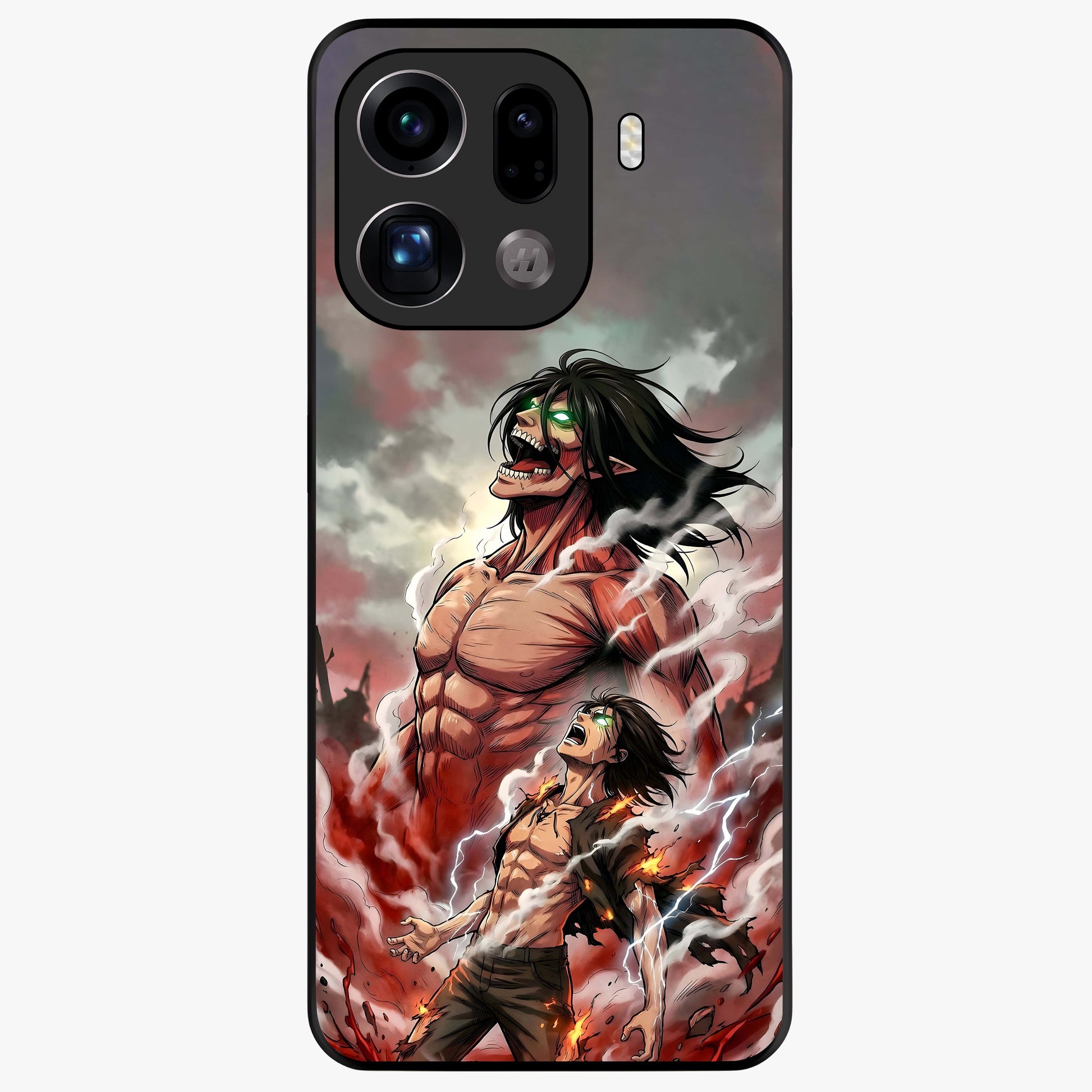 Titan Awakening Fury Glass Case showing flat back view with powerful titan inspired artwork and glossy glass finish.