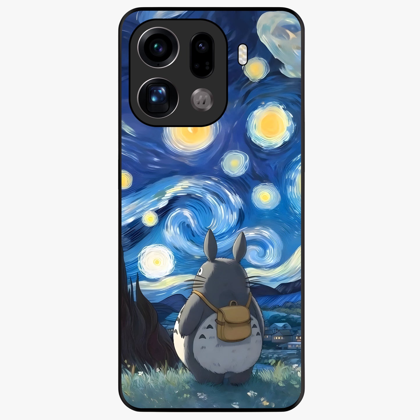 Totoro In Van Gogh Art Glass Case showing flat back view with whimsical character artwork inspired by Van Gogh style and glossy glass finish.