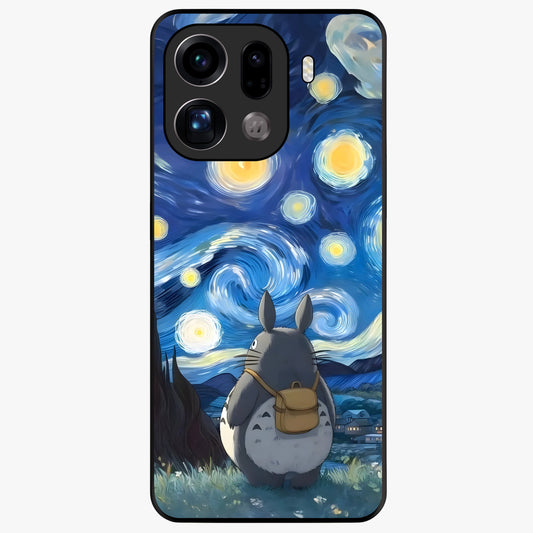 Totoro In Van Gogh Art Glass Case showing flat back view with whimsical character artwork inspired by Van Gogh style and glossy glass finish.