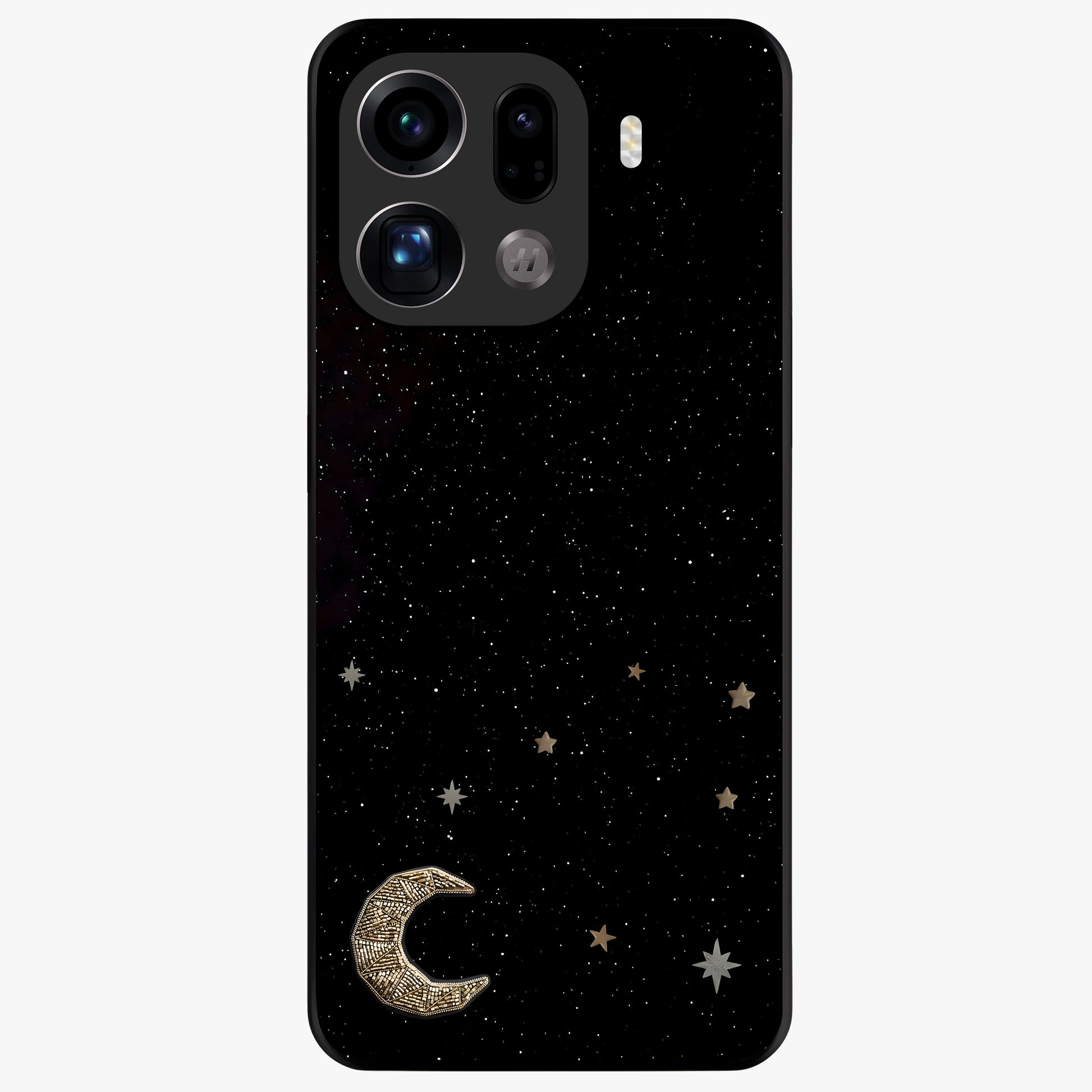 Twinkle Star With Half Moon Glass Case showing flat back view with star and half moon artwork and glossy glass finish.