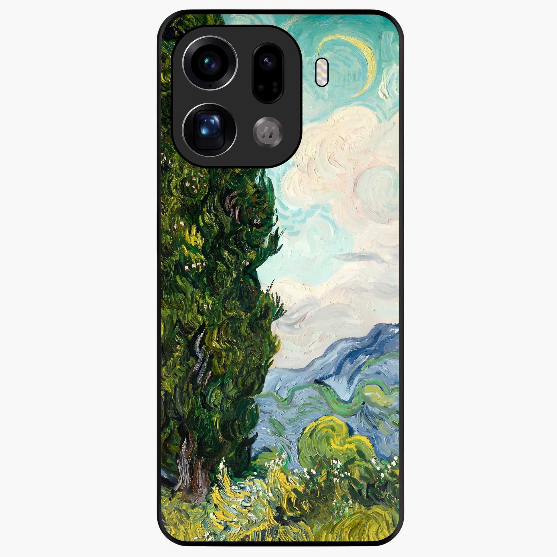 Van Gogh Vintage Art Glass Case showing flat back view with vintage painterly artwork inspired by Van Gogh style and glossy glass finish.