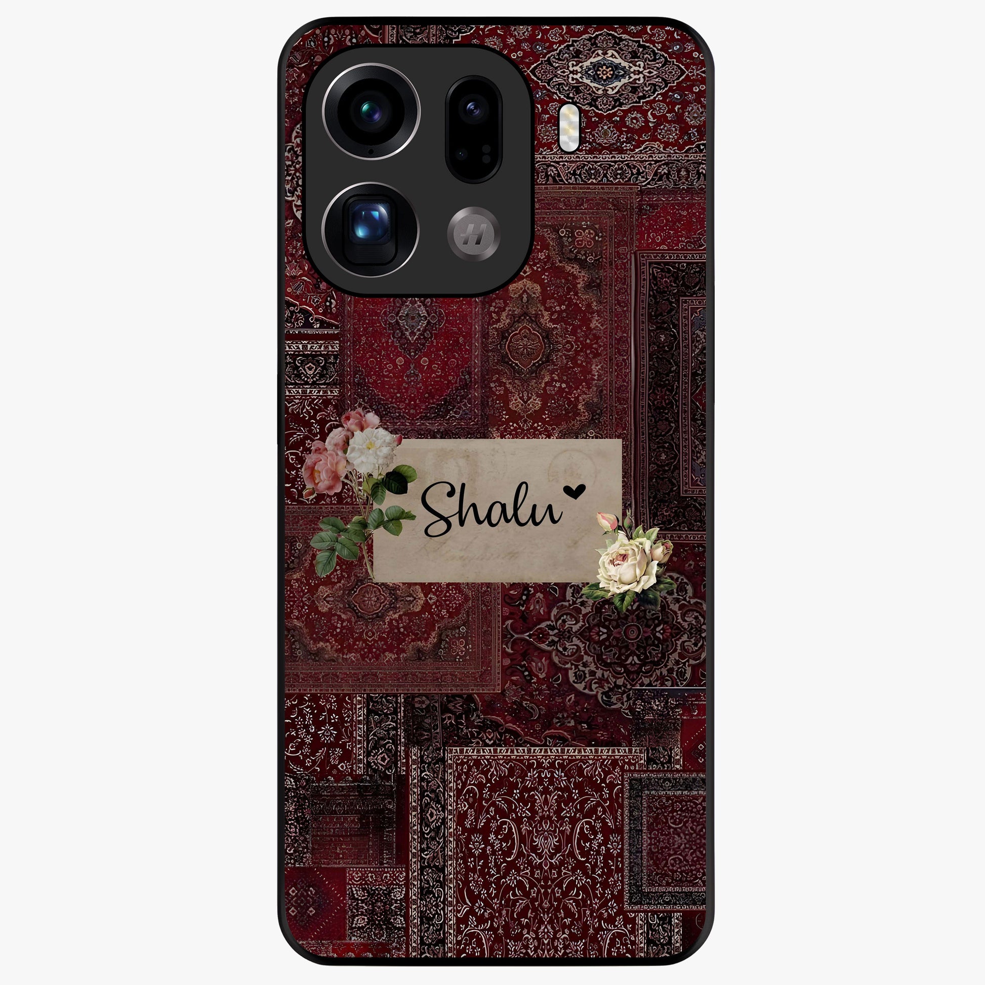Velvet Wine Pattern Custom Name Glass Case showing flat back view with elegant wine colored pattern artwork and personalized name design.