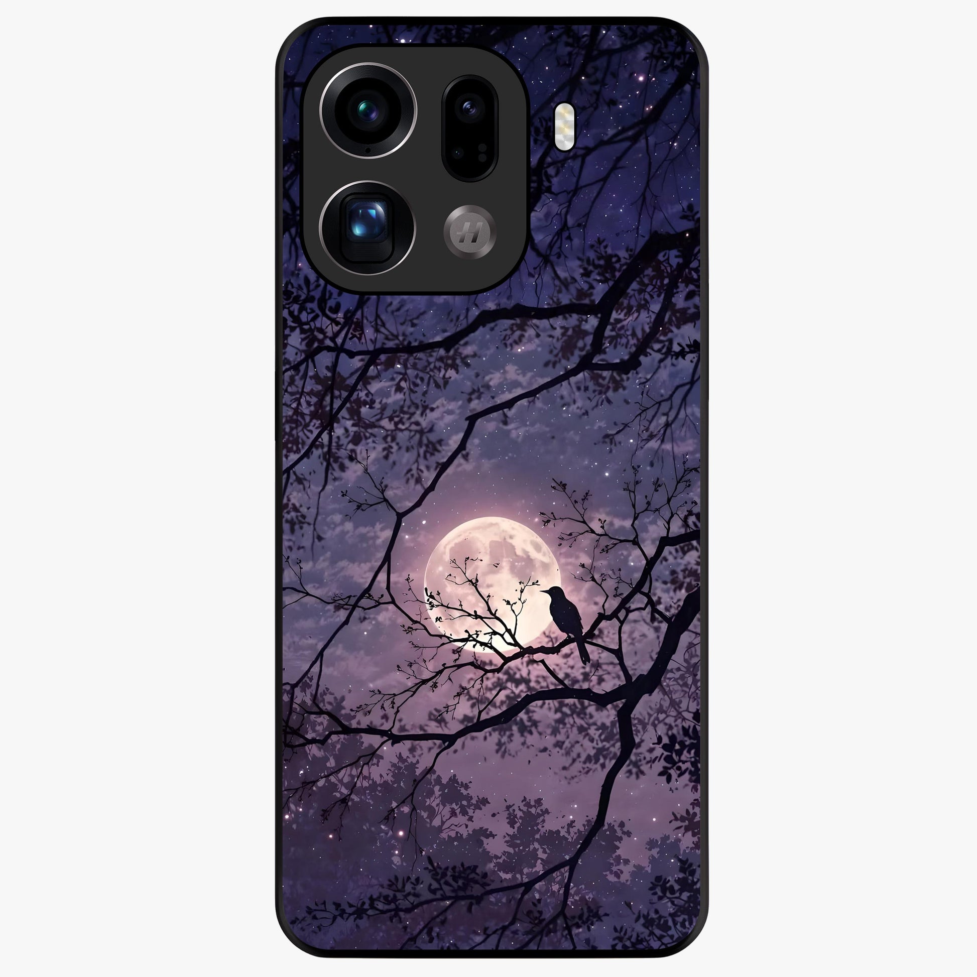 Whispering Moon Silence Glass Case showing flat back view with serene moon themed artwork and glossy glass finish.