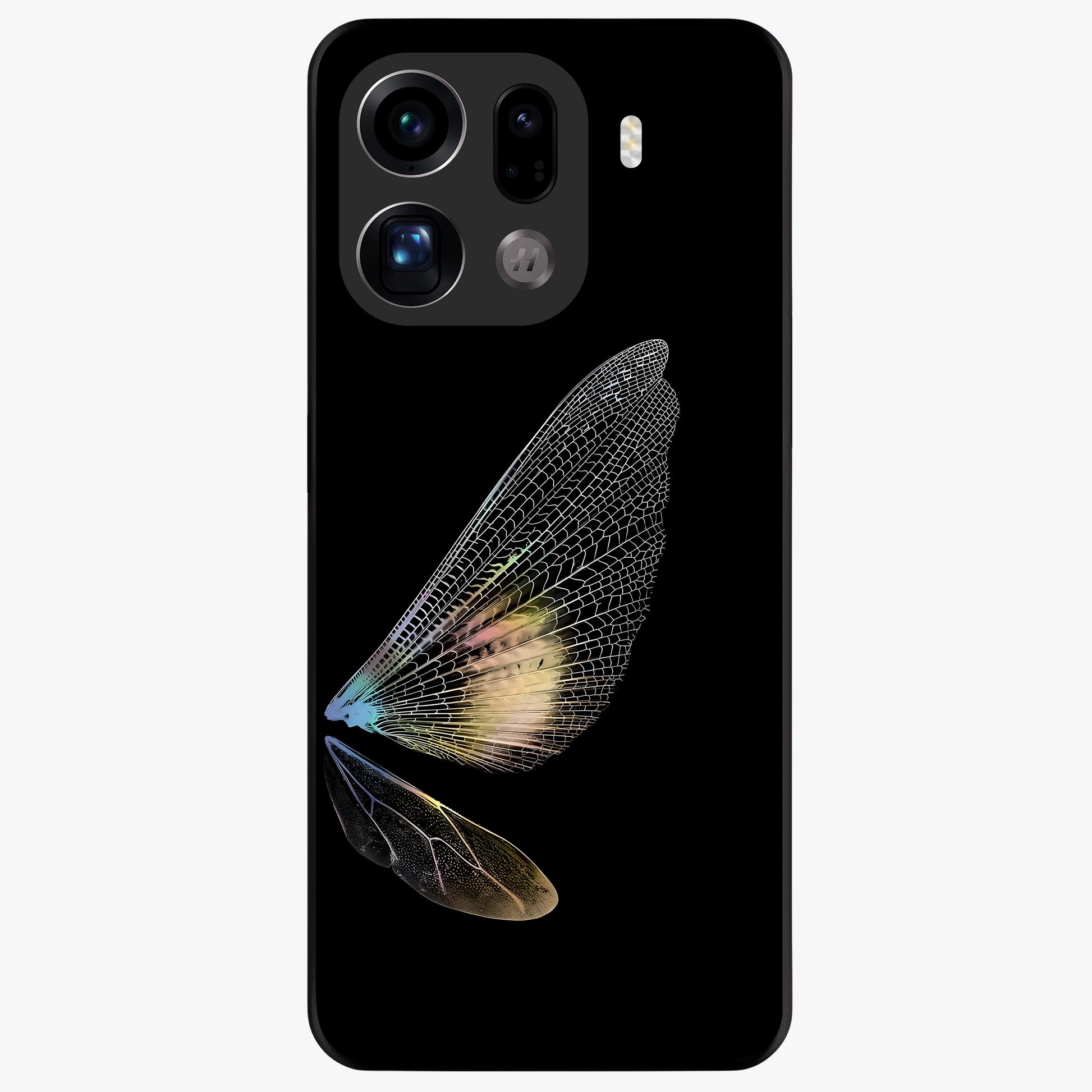 Whispers Of Wings Glass Case showing flat back view with graceful wing inspired artwork and glossy glass finish.