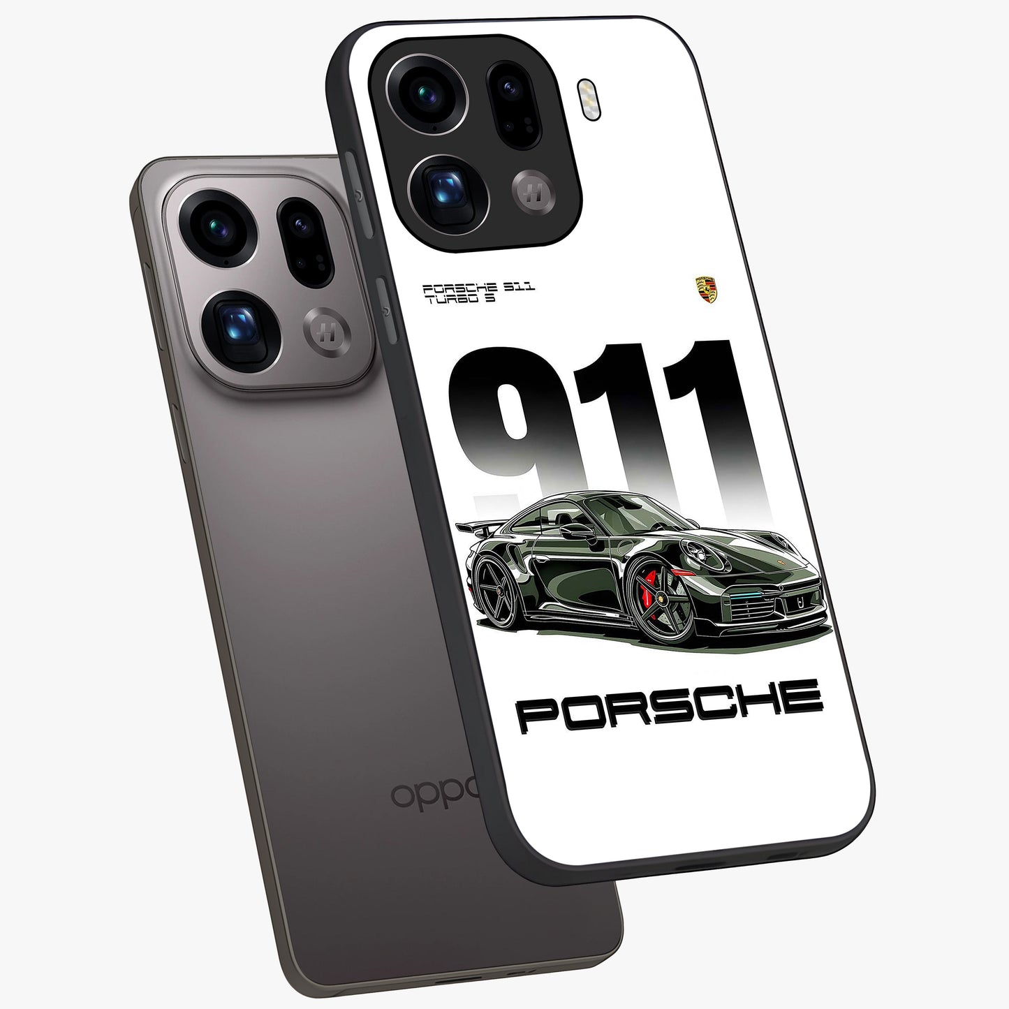 911 Turbo Dominance Glass Case displayed in premium angled mockup highlighting sporty car illustration and sleek glass surface.