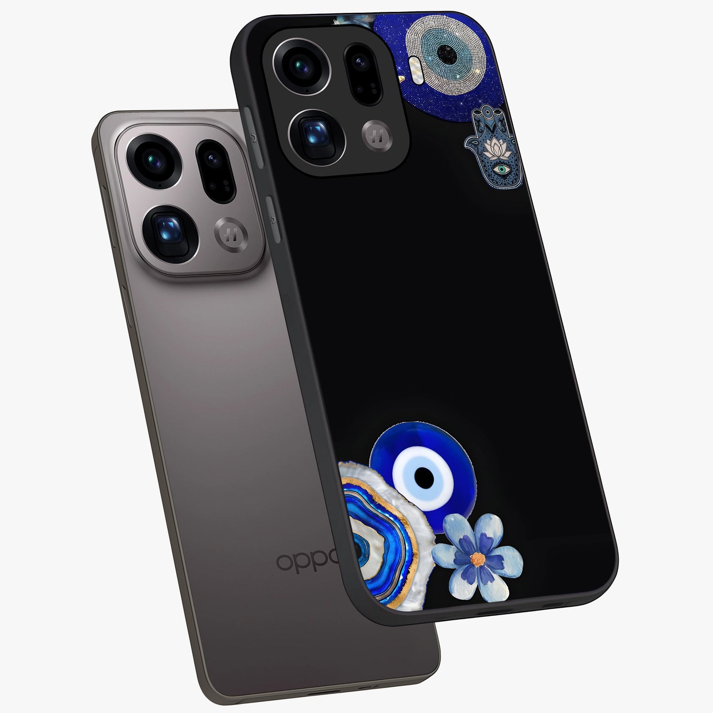 Aesthetic Blue Evil Eye Glass Case displayed in angled mockup highlighting blue evil eye symbol and spiritual aesthetic design.