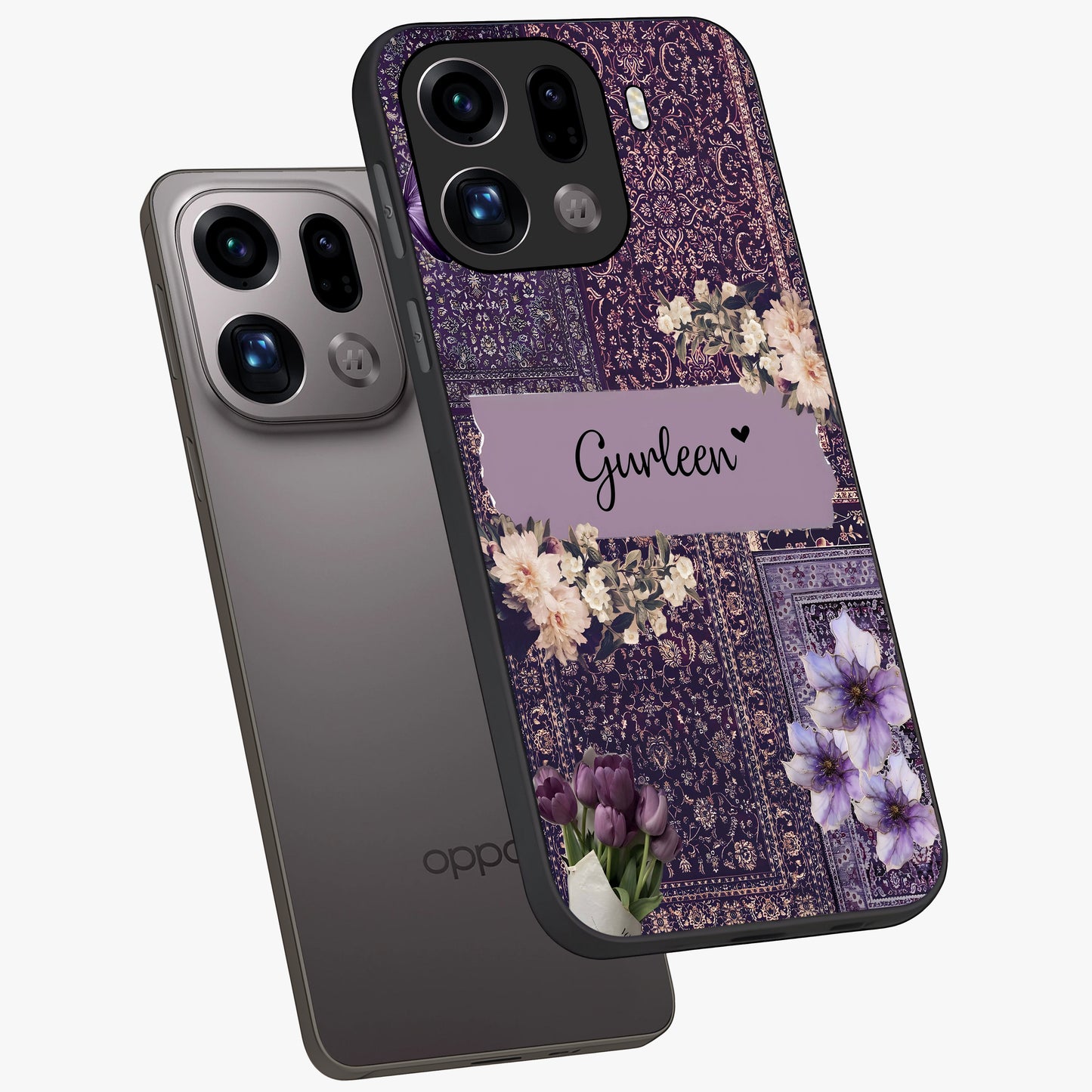 Antique Floral Whisper Custom Name Glass Case displayed in angled mockup highlighting elegant antique floral aesthetic.