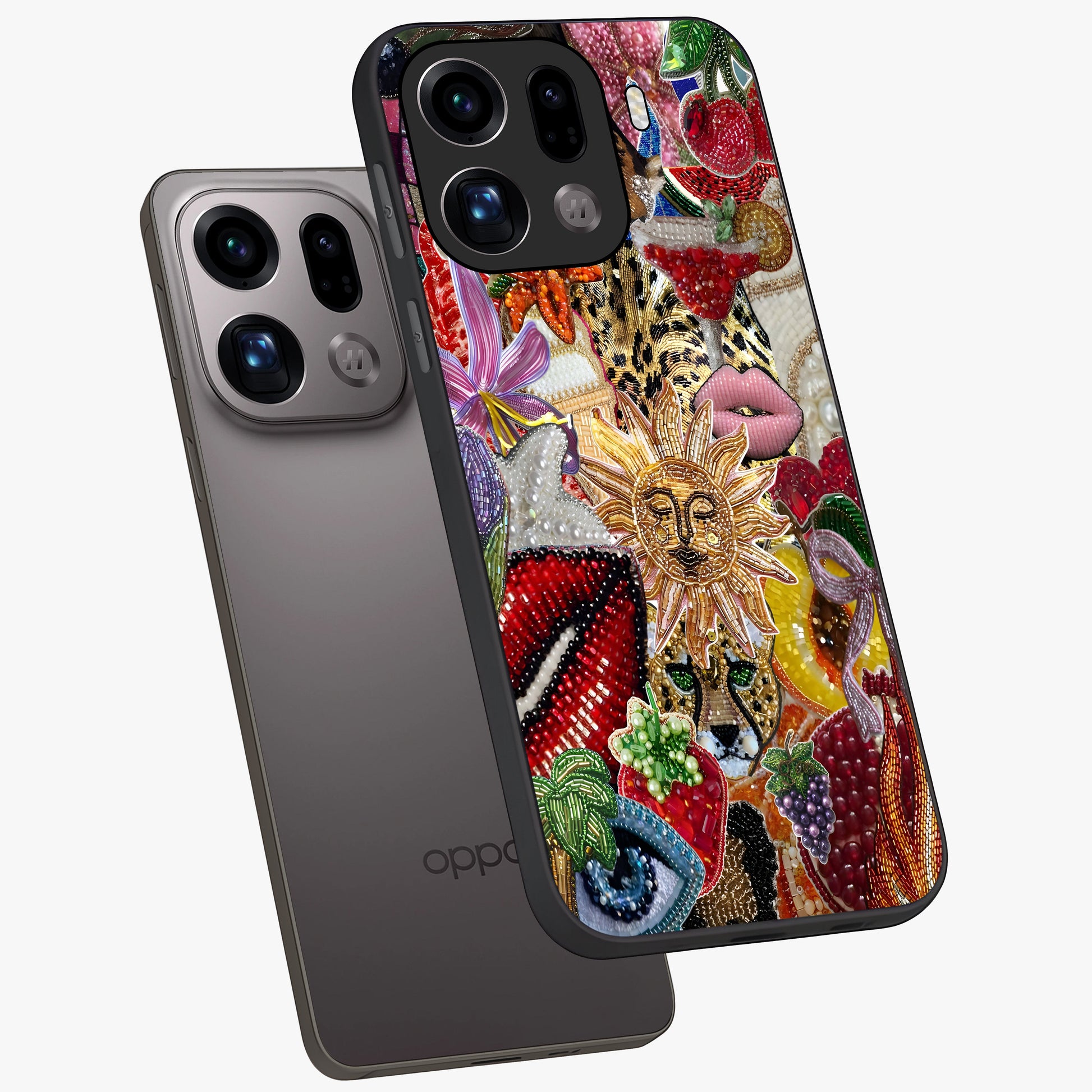 Beaded Fashion Jungle Glass Case displayed in angled mockup highlighting colorful fashion bead design and artistic pattern.