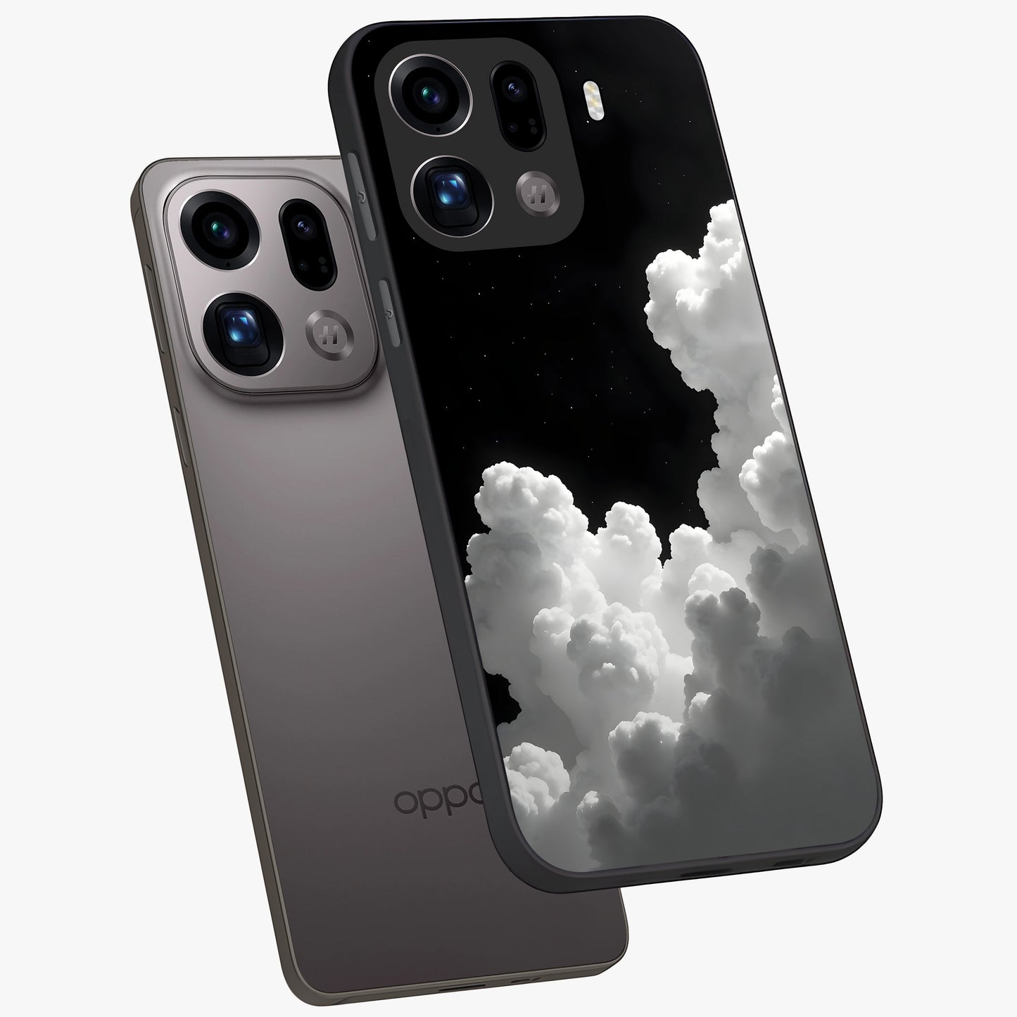 Black Background With White Cloud Glass Case displayed in angled mockup highlighting soft white cloud illustration and minimal design.