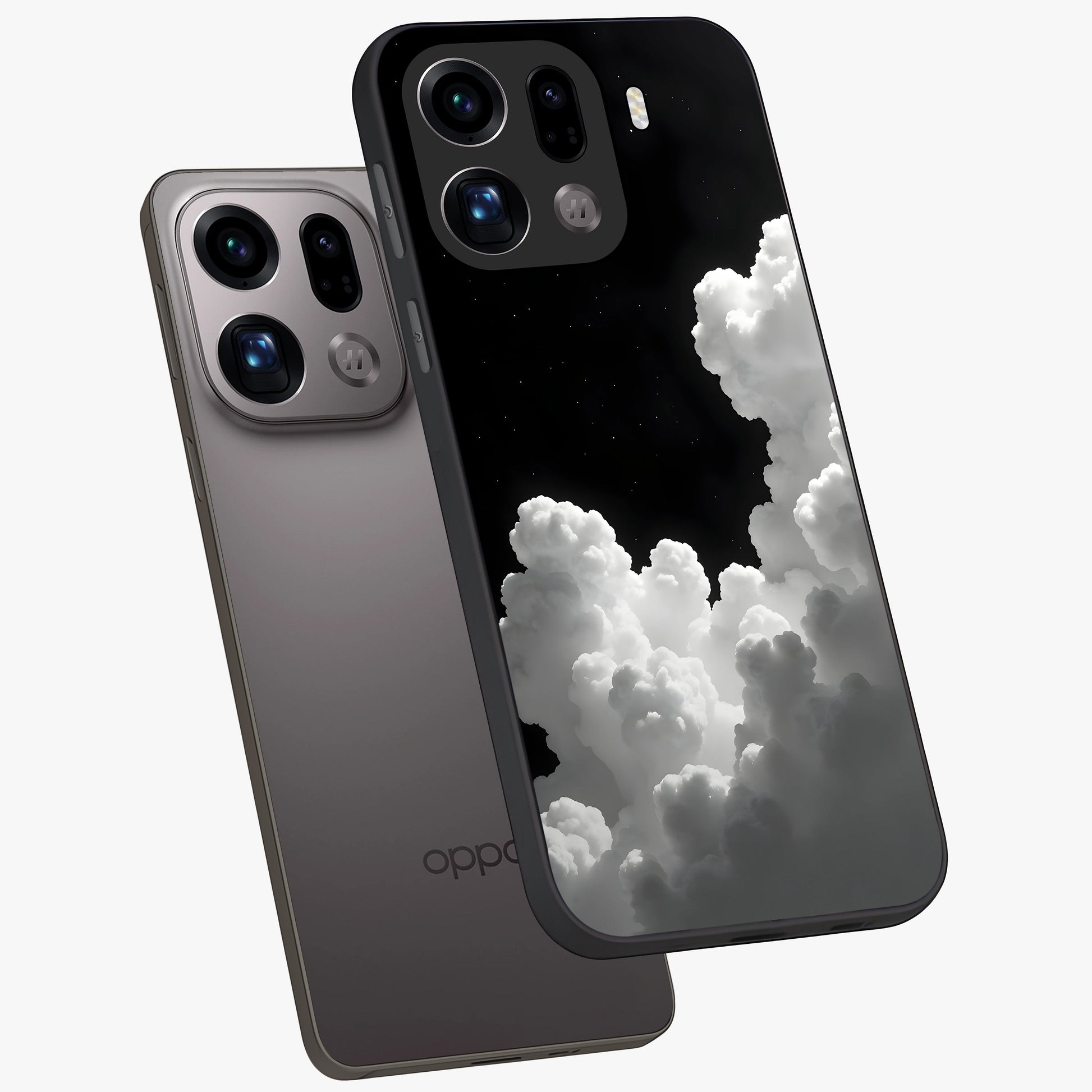 Black Background With White Cloud Glass Case displayed in angled mockup highlighting soft white cloud illustration and minimal design.