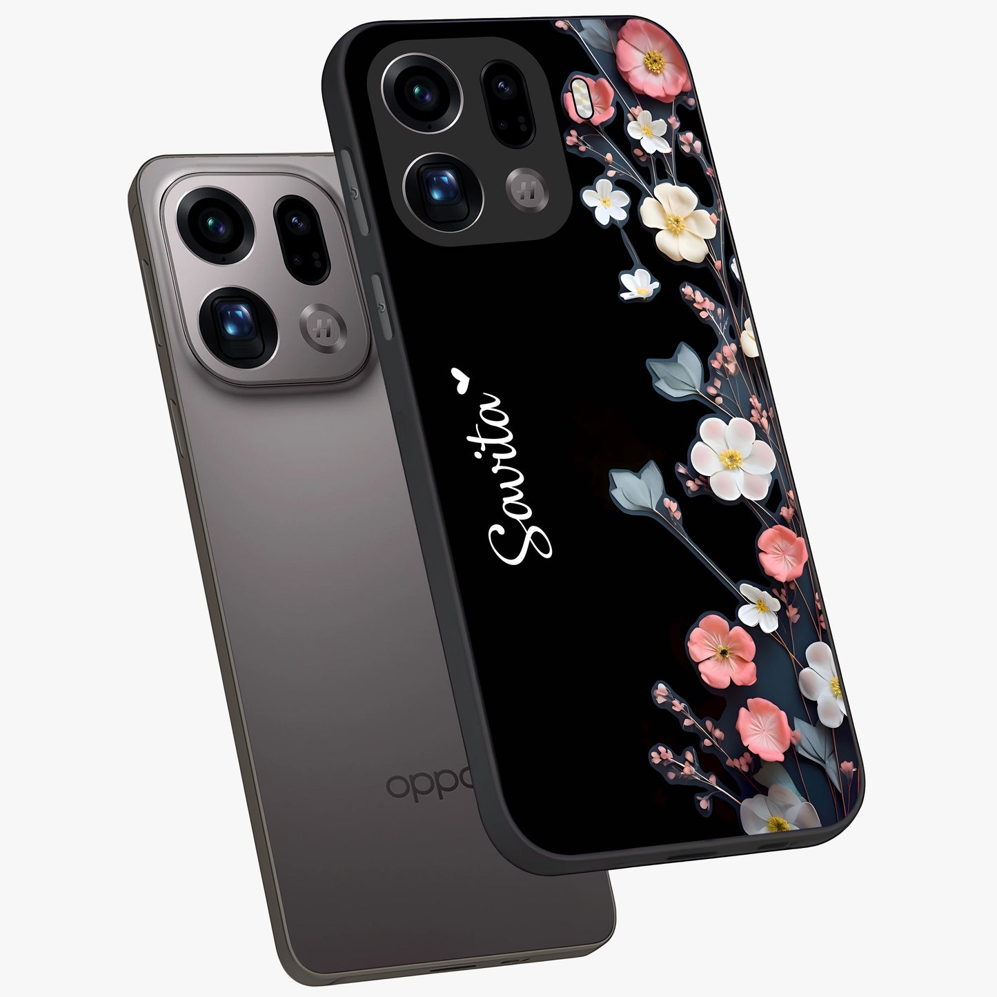 Black Elegance Floral Custom Name Glass Case displayed in angled mockup highlighting dark floral aesthetic and custom name feature.